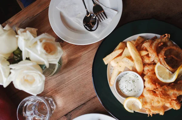 Spicy French Fries Dip Cream Cheese Table — Stock Photo, Image