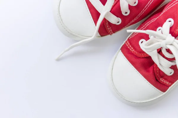 Lindo Rojo Pequeño Tamaño Lona Zapatos Vista Superior Sobre Fondo — Foto de Stock