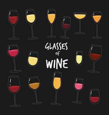 renk gözlük siyah arka plan, vektör çizim şarap dizi