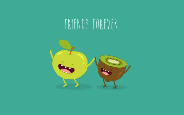 Apple Dan Kiwi Latar Belakang Hijau Dengan Tulisan Friends Forever - Stok Vektor