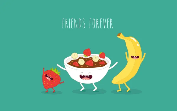 碗与玉米片和草莓在绿色背景与题字朋友永远 — 图库矢量图片