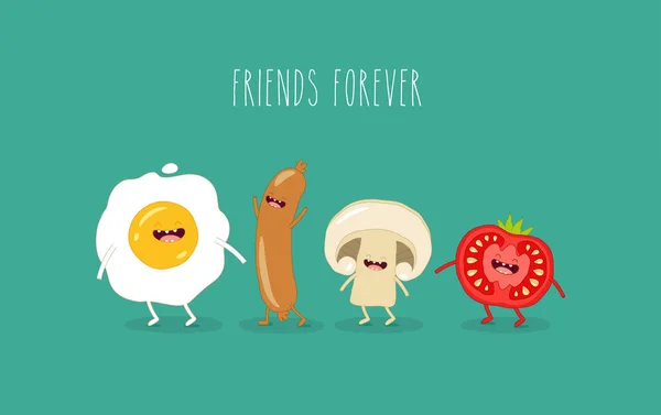 香肠与蘑菇和蕃茄在绿色背景与题字朋友永远 — 图库矢量图片