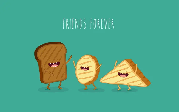 Ψωμί Τοστ Χορό Πράσινο Φόντο Επιγραφή Φίλοι Για Πάντα — Διανυσματικό Αρχείο
