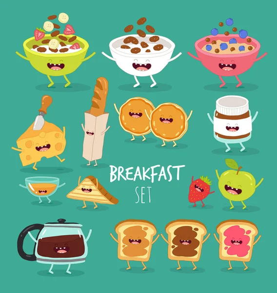Set Van Ontbijt Eten Groene Achtergrond Met Inscriptie Vrienden Voor — Stockvector