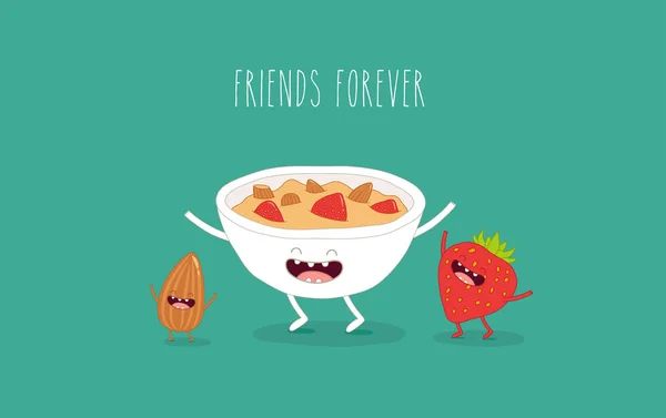 碗麦片 杏仁和草莓在绿色背景与题字朋友永远 — 图库矢量图片