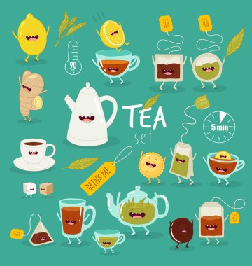 Çay komik kümesi. El Smiley karakterleri çay hakkında çekilmiş. Çay saati koleksiyonu. 