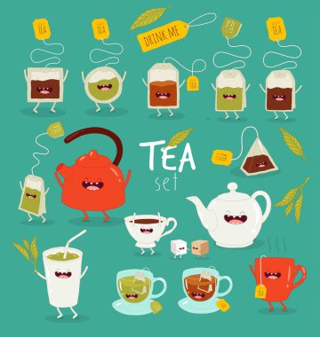 Çay komik kümesi. El Smiley karakterleri çay hakkında çekilmiş. Çay saati koleksiyonu. 