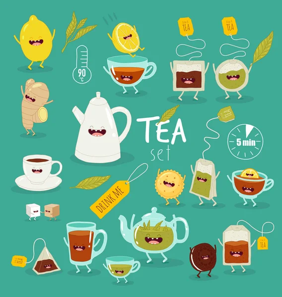 Vicces Sor Tea Kézzel Rajzolt Smiley Karaktereket Tea Tea Idő — Stock Vector
