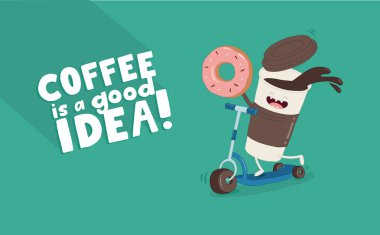 Komik kahve kupa ve çörek illüstrasyon. İyi fikir yazı kahvesidir. Kupası halka binme scooter ile gülüyor. Çizgi film karakterleri kafe baskı tasarımı. Vektör çizim