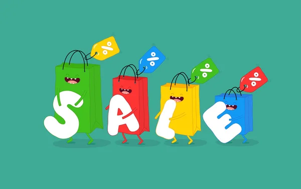 Rolig Shopping Påsar Med Bokstäver Försäljning Affisch Försäljning Vektorillustration — Stock vektor