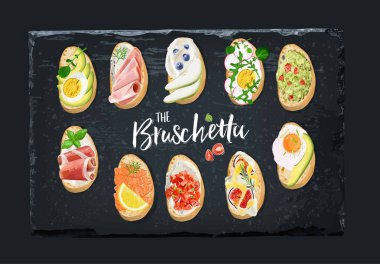 Bruschetta ahşap tahta üzerinde türü. Tost ekmeği için malzemeler.