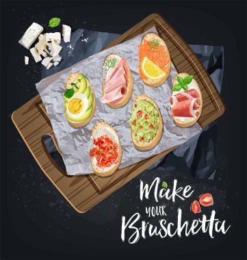 Bruschetta ahşap tahta üzerinde türü. Tost ekmeği için malzemeler.