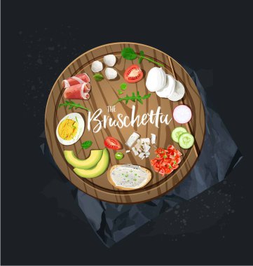 Bruschetta ahşap tahta üzerinde türü. Tost ekmeği için malzemeler.
