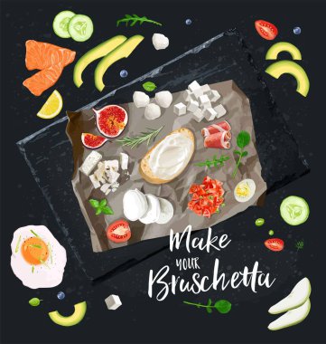 Bruschetta ahşap tahta üzerinde türü. Tost ekmeği için malzemeler.