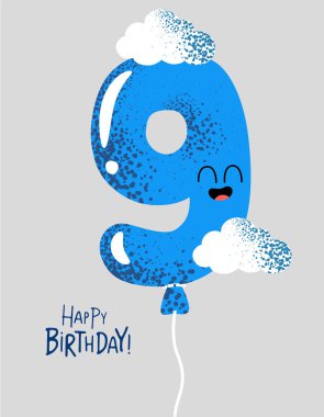 Doğum günü tebrik kartı numarası. Vektör grafikleri. Balon sayısı dokuz.