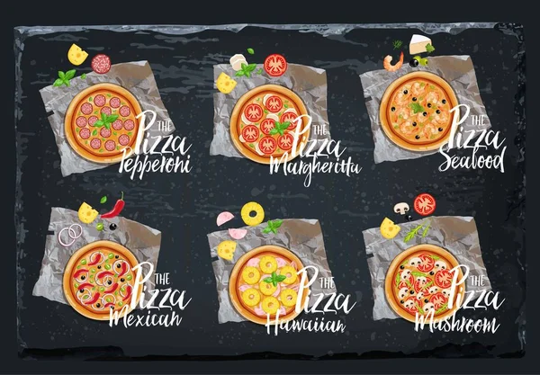 Farklı Türde Bir Pizza Ahşap Kurullarında — Stok Vektör