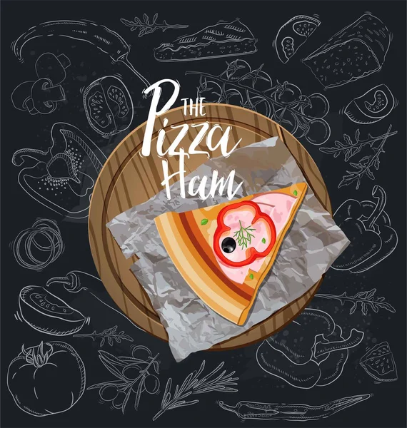 Slice Pizza Med Skinka Träskiva Vektorillustration — Stock vektor