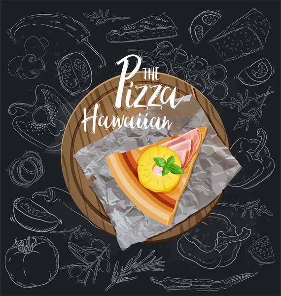 Skiva Hawaiian Pizza Träskiva Vektorillustration — Stock vektor
