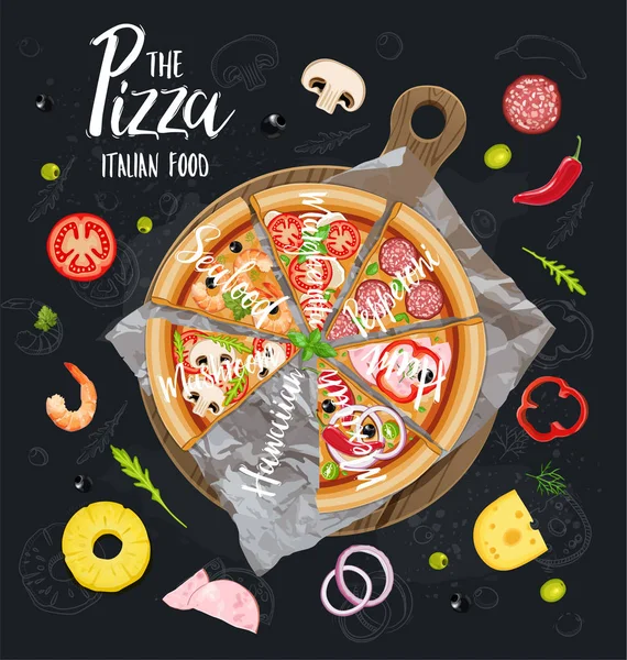 Pizza Bordo Ingredientes Para Pizza Pizarra — Vector de stock