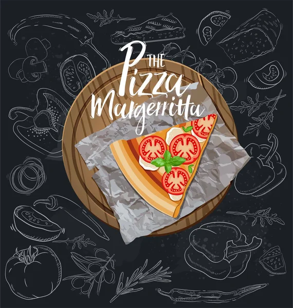 Skiva Margheritta Pizza Trä Styrelsen Vektorillustration — Stock vektor