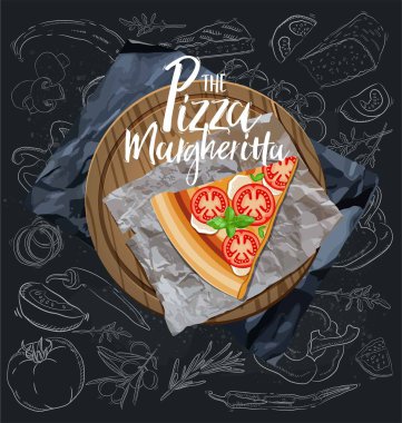 Margheritta Pizza ahşap tahta vektör çizim üzerinde dilim