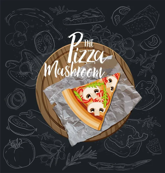 Potongan Pizza Dengan Jamur Pada Papan Kayu Vektor Ilustrasi - Stok Vektor