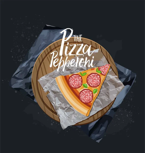 Skiva Pepperoni Pizza Träskiva Vektorillustration — Stock vektor