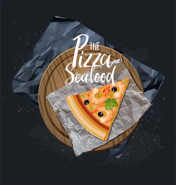 Skiva Skaldjur Pizza Trä Styrelsen Vektorillustration — Stock vektor