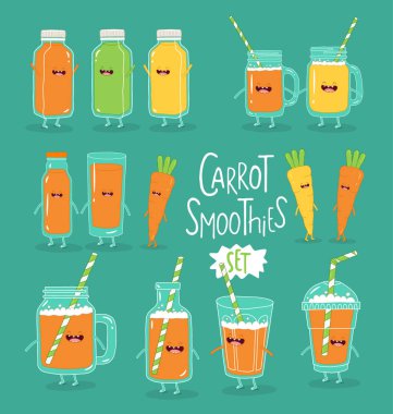 Çeşitli bardaklarda neşeli havuç kokteylleri ve yeşil arka planda mutlu sebzeler, sağlıklı diyet konsepti.