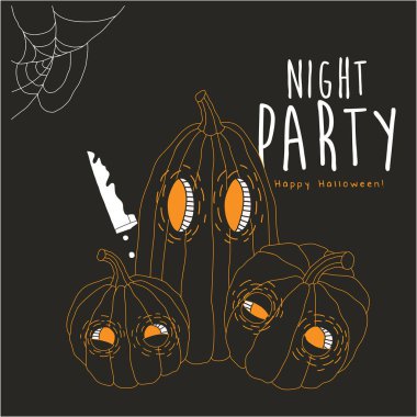 Karanlık arka planda bıçak olan şeytani balkabağı siluetleri, Cadılar Bayramı davetiye kartı tasarımı