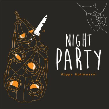 Karanlık arka planda bıçak olan şeytani balkabağı siluetleri, Cadılar Bayramı davetiye kartı tasarımı