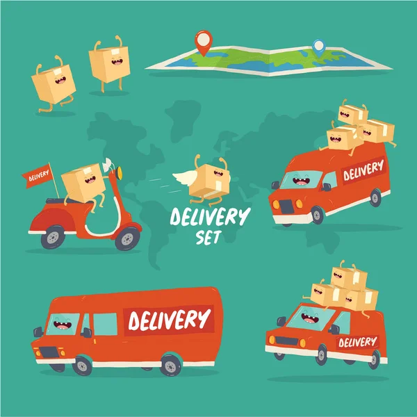Set Funny Delivery Packaging Boxes Happy Transportation Vehicles Green Background — Stock Vector