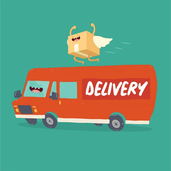 Funny Delivery Packaging Box Wings Jumping Top Happy Transportation Van — Stock Vector