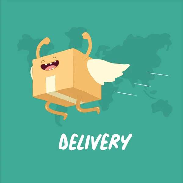 Funny Delivery Packaging Box Wings Cheering Green Background — Stock Vector