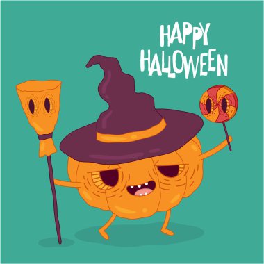 Komik Mutlu Cadılar Bayramı kartı. Vektör illüstrasyonu.