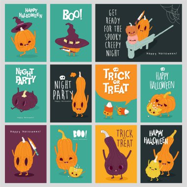 Cadılar Bayramı partisi davetiyelerinin vektör seti veya tebrik kartları.