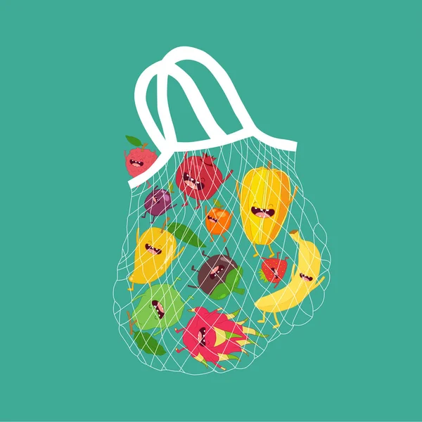 Algodão Compras Malha Saco Frutas Vetor Ilustração — Vetor de Stock