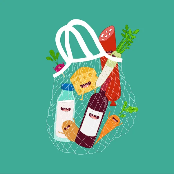 Algodón Bolsa Malla Compras Salchicha Leche Vector Ilustración — Vector de stock