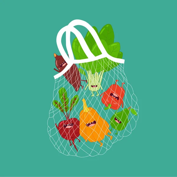 Cotton Shopping Mesh Bag Vegetables Vector Illustration — Stock Vector