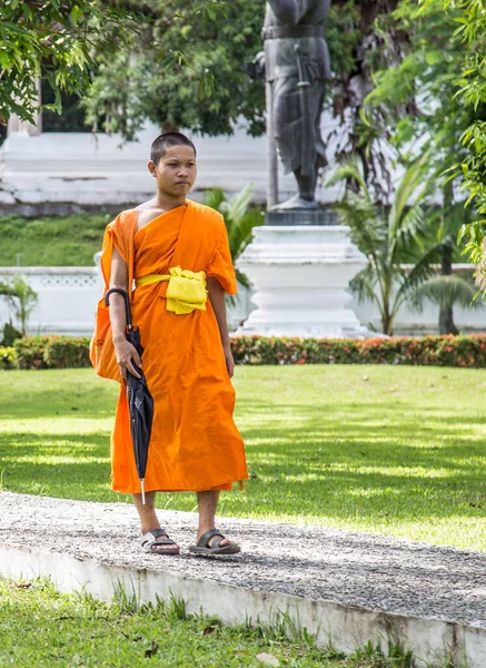 2017年8月 一名僧人安静地穿过卢安普拉邦市 — 图库照片
