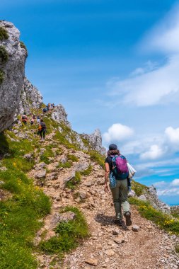 Aizkorri Dağı 1523 metre, Guipuzcoa 'nın en yüksek dağı. Bask Ülkesi. Zirveye ulaşan sırt çantalı genç bir kız. San Adrian 'a doğru yükselin ve Oltza arazilerinden geri dönün.