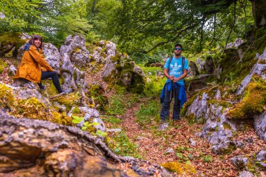 Aizkorri Dağı 1523 metre, Guipuzcoa 'nın en yüksek dağı. Bask Ülkesi. San Adrian 'a doğru git ve Oltza arazisinden geri dön. Aizkorri Dağı 'ndaki bitkilerin arasında bir çift.