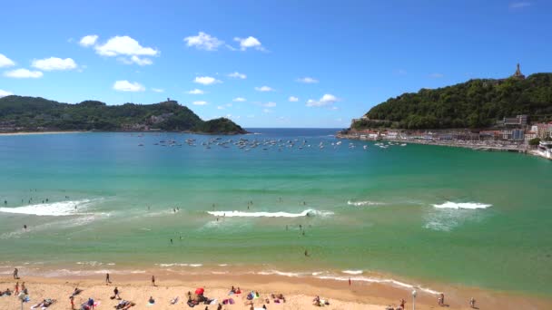 Stranden Concha Staden San Sebastian Baskien Sett Ovanifrån Drönarutsikt Donostia — Stockvideo