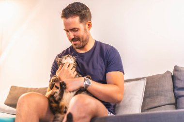 Koyu renk saçlı, mavi tişörtlü ve şortlu beyaz bir adam güzel gri ve beyaz kedisiyle evde oynuyor. Kedi adamın en iyi arkadaşı. Kanepedeki güzel kediyi okşamak