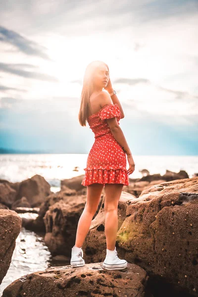 Young Brunette Caucasian Woman Red Dress Beach Itzurrun Town Zumaia — Stock Photo, Image