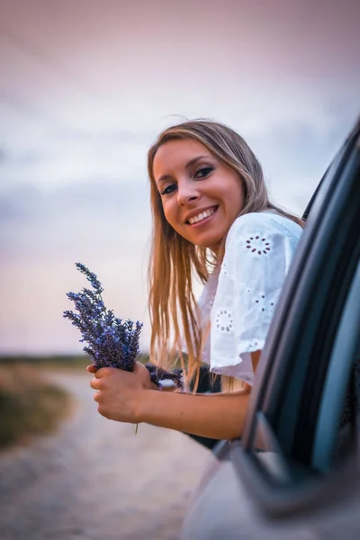 Young Blonde Caucasian Woman White Dress Lavender Field Field Cultivation — Stock Photo, Image