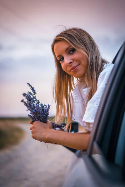 Young Blonde Caucasian Woman White Dress Lavender Field Field Cultivation — Stock Photo, Image