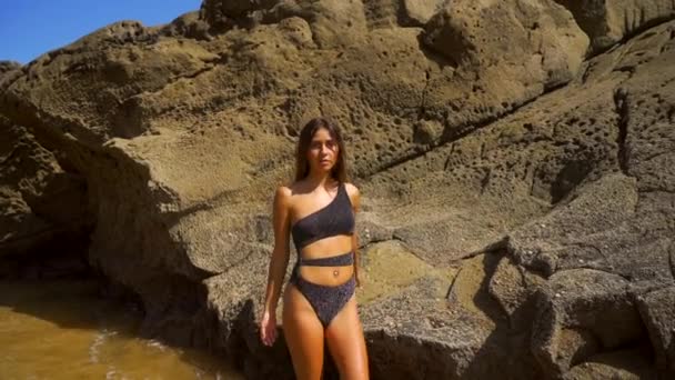 Une Jolie Jeune Brune Caucasienne Maillot Bain Noir Dans Une — Video