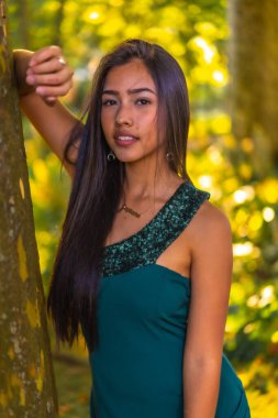 Yeşil elbiseli bir ağaca yaslanmış uzun düz saçlı, esmer, genç bir Latin. Parktaki tatlı Mida 'nın portresi.