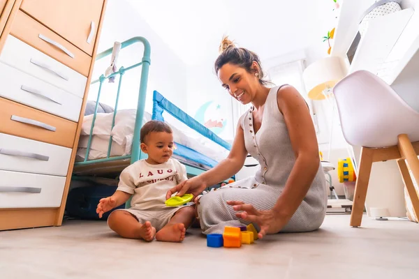 Young Caucasian Mother Playing Her Room Toys Baby Less Year — Stock Photo, Image